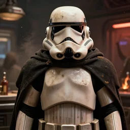star wars 7 0 mm film still, closeup portrait of a dirty stormtrooper wearing a hooded cloak, standing in a cantina, dust, scum and villainy, rim light, embers, hyper detailed, smooth, high contrast, concept art, gta v, volumetric lighting, ralph mcquarrie, doug chiang, ryan church