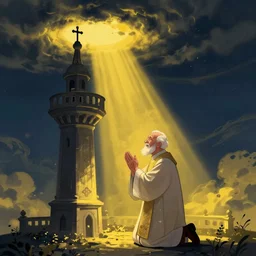 An old and friendly looking catholic priest kneeled in passionate prayer at the summit of a tall tower. An ominous yellow shadow is descending from the night sky . Award-winning digital art, trending on ArtStation