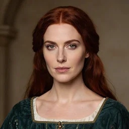 portrait of a beautiful medieval noble woman with dark red hair, high cheekbones and fair skin