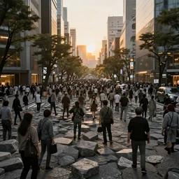 street of tokyo full of people that turn into stone, post apocalyptic, golden hour