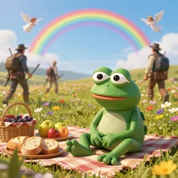 resolution 4k hyper realistic film reel of pepe the frog red dead redemption 2 wandering army of pepe the frog a field of flowers a sunny day wholesome soft and warm picnic of breads and fruit sitting on a blanket pepe the frog. the sky is blue and filled with gods love the third rike will rise again hail pepe , rainbows of sweet angels