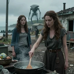 she makes the deep boil. dark fantasy story about two casually - dressed women in a dirty seaside town, a globster, and a beautiful song. color cinematic still from an action - packed 2 0 1 1 subterranean alien - robot invasion science - fiction blockbuster movie ; highly - detailed.