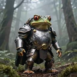 photograph by discovery channel!!!! full shot!!! toad superhero armored rugged knight, fog, in deep forest jungle, overcast!!!