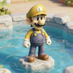 luigi made of stone, petrified, at the pool, photography, render