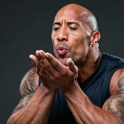 dwayne johnson blowing a kiss, realistic, 8 k, extremely detailed, cgi, trending on artstation, hyper - realistic render, 4 k hd wallpaper, premium prints available, octane render, award winning, by greg rutkowski