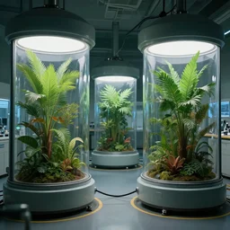 secret Military lab, tropic plants growing inside cryo chambers connected with cable, photo realistic, realistic, cinematic, establishing shot, extremly high detail, cinematic lighting, concept art, matte painting, denoise