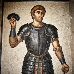 roman mosaic of a man holding a piece of glowing black wool wearing black metallic armor, opus tesellatum, pompeii