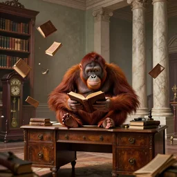 long shot, whole room view, orangutan sitting on antique desk, holding opened book using his feet, books flying from small bookshelves, grandfather clock, tall marble columns in the background, epic, master, illustration, detailed, concept art, by josh kirby, dynamic lighting, octane render, 4 k