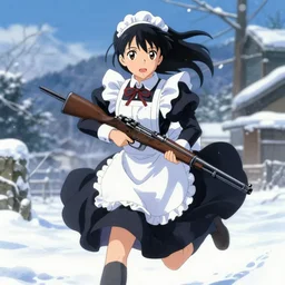 portrait of anime maid maid dress with mosin rifle in hands running winter, anatomically correct!! by greg rutkowski, key visual, kyoto animation, makoto shinkai, studio ghibli kushart krenz pixiv, sharp, detailed, high quality, award winning