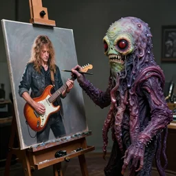 a creepy tentacled space monster standing at it's easel while painting a portrait of guitarist roy buchanan with his telecaster, color photography