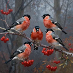 Three bullfinches eating red rowan berries high up on a rowan tree, autumn evening, fairytale forest on the background, detailed painting