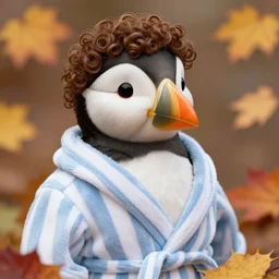 anthropomorphic puffin, striped bathrobe, curly hair, surrounded by fall leaves, detailed, intricate, luminescent, elegant, coherent, by mandy jurgens, hannah yata and kay sage, detailed, artstation