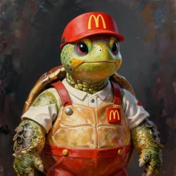 oil painting portrait of anthropomorphic male turtle animal dressed in modern american mcdonalds uniform, turtle animal, mcdonalds hat, digital art