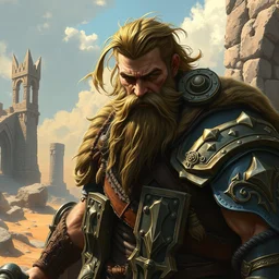 human hero, bearded gigachad in armour, d & d barbarian, nordic warrior, hoarah loux, powerful male character from warcraft, character portrait, trading card game art, perfectly shaded, extremely detailed, matte, artstation, volumetric lighting, 4 k, game cover art, sharp focus, deserted landscape, ancient stone ruins, art by frank frazetta and artgerm