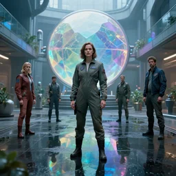 woman in flight suit, tesseract glass courtyard, dyson sphere, wet reflections, prism, atmospheric, ambient, pj crook, syd mead, livia prima, artgerm, greg rutkowski, nick alm, casey baugh