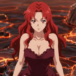 isekai lava field cute buxom dragon anime woman with glowing red hair, burgundy dress. burnt palette symmetrical face. symmetrical detailed defined eyes. beautiful lineart. bokeh pixiv # 1 ranking depth focus, chromatic aberration, noise, soft lighting, srgb, 4 k, cinematic rembrant kuvshinov ross tran john sargent leyendecker wlop guweiz