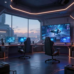 gaming room in 2 5 9 0, scifi, futuristic, virtual reality, simulation, technology, computer, large window, evening, illuminated, highly detailed, artstation, by eutimio garcia