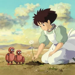 a wholesome animation key shot of mononoke planting robots alone in the desert by herself, studio ghibli, pixar and disney animation, sharp, disney concept art watercolor illustration by mandy jurgens and alphonse mucha and alena aenami, pastel color palette, dandelion seeds float, bloom, dramatic lighting