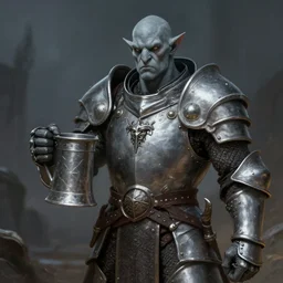 grey half - orc in silver armor holding a metal tankard, d & d, fantasy, highly detailed, digital painting, trending on artstation, concept art, sharp focus, illustration, global illumination, shaded, art by artgerm and greg rutkowski and fuji choko and viktoria gavrilenko and hoang lap
