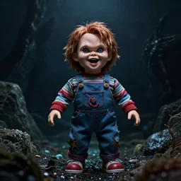 screaming chucky doll rising from the dark depths of ocean