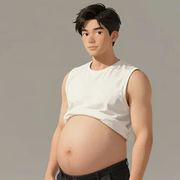 Young male Asian protagonist wearing a sleeveless shirt and a big pregnant belly, artstation, concept art