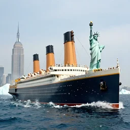 a photograph of the titanic sailing towards the statue of liberty in 1 9 1 2 being chased by an iceberg. the empire state building is also in the background