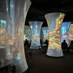 screens with curved translucent screens projecting detailed sci - fi art, pixel perfect photograph, high contrast, volumetric lighting, thin glowing lights, restaurant, chairs, users, pair of keys
