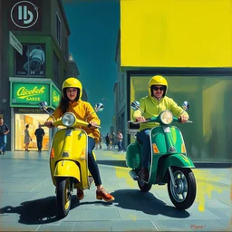 oil on canvas, painting from edward hopper, in the style of nighthawks, lime! scooters! on the street, wearing ffp!!! 2