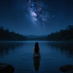 girl in lake at night landscape with visible space sky, fantasy artwork, very beautiful scenery, hd, hdr, ue 5, ue 6, unreal engine 5, cinematic 4 k wallpaper, 8 k, ultra detailed, by popular digital artist,