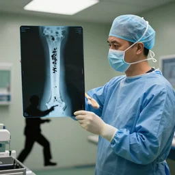 Banksy as a surgeon, showing an xray with a bone that has graffiti on it