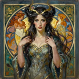 a painting of katherine mcnamara as a sorceress by artgerm and alphonse mucha, beautiful, fantasy, highly detailed, sharp focus, studio lighting, oil on canvas, deviantart, artstation