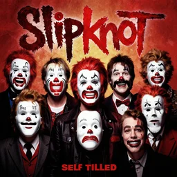 slipknot self ttitled album cover except every band member is wearing a Ronald Reagan mask