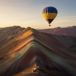 elevated view of hot air balloon in flight, rule of thirds, Vinicuana Rainbow mountain in distance, golden hour, Photorealistic, establishing shot, cinematic lighting, , dramatic lighting, atmospheric, realistic, octane render, highly detailed, color graded, matte painting in the style of simon stalenhag