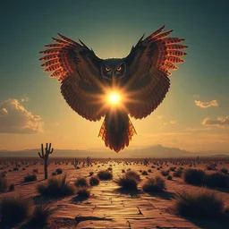 monstrously large owl blocking the sun with its huge wingspan, desert, artstation, greg rutwolski, alphonse mucha