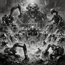b & w inks of 1 1 horrifying machines in tiers, insane speed of excavating chrome pit, by wayne d barlowe, boris vallejo, stefano tamburini, torch light, muted colors, epic, hyper detailed, awe inspiring, award winning horror, hyper realism, cinematic