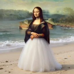 a young woman wearing a bride's gown is standing on the beach holding flowers!, looks like mona lisa, sharp focus, hyper realistic, soft colors, centered, insanely detailed, wide shot, a painting by leonardo da vinci
