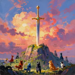 concept art fantasy painting of sword implanted onto a mountain, colourful sky, by artgerm, sylvain sarrailh, rossdraws, wlop, fursona, furaffinity, furry, deviant art, e 6 2 1, global illumination, tankoban, oil on canvas, 4 k, smooth details, pixar animation style!
