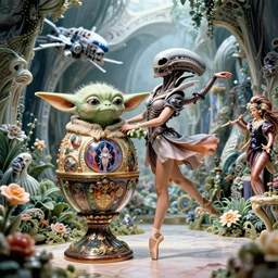 fuji gfx, 8 k, j. j abrams flare ; esoteric ultra realistic faberge in cthulhu ( 1 9 9 0 ) film still garden dance scene in frontiers in porcelain photography fashion magazine june seinen manga portrait edition, hyperrealistic real - life xenomorph yoda porcelain occult egg in victorian glass x - wing, pointe pose, eye contact, tilt shift wide shot zaha hadid background
