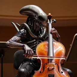 xenomorph playing cello in a concert hall, detailed, realistic, photography