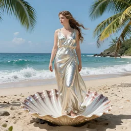 full view of greek goddess aphrodite wearing a silk dress standing on a pearlescent seashell on a tropical beach with the ocean surf in the background. masterpiece 4 k digital illustration by ruan jia and mandy jurgens and artgerm and william - adolphe bouguereau, award winning, artstation, art nouveau aesthetic, intricate details, realistic, panoramic view, hyperdetailed