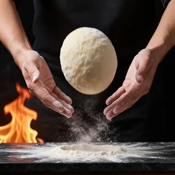 closeup photo of a dough ball spinning in the air between two hands, dough ball is suspended in the air, hovering over a black marble bench, flour dust flying, live fire on black background, backlight, dramatic lighting, vibrant colors, sony alpha a6400, studio photography