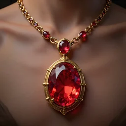 historical, art nouveau, red gemstone necklace hanging around a neck, gold metal, glowing inside, octane render, realistic, dramatic light, 3 d, photograph 4 k,