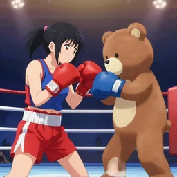 a beautiful anime woman in a boxing match against a plush toy bear, located in a boxing ring, award winning.