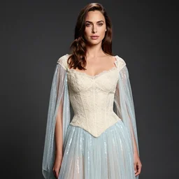 Gal Gadot dressed in a Fairy dress with cream lace bodice with sleeves of sheer pale blue sequins photographed in the style of Mario Testino, Studio Lighting