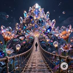 android with back to the camera,  crossing a rickety rope bridge at night looking up at a glowing mountain of crystal and gemstone, glass flowers, alien flora, digital art, artstation, dramatic lighting, forced perspective, vibrant and stylized