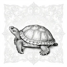 a full - body snapping turtle, wisdom, good and evil, scrollwork + rococco + baroque + white ink + magical + symmetrical + detailed intricate + heraldic design + atmosphere ， by peter mohrbacher and kentaro miura + high details, in the style of jean delville, artstation, 8 k, tarmo juhola, ivan laliashvili, james gurney, moebius, roger dean, wlop, victo ngai, 4 k, cinematic