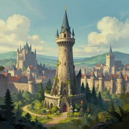 a wizards tower in a valley next to the capital city of the elves in the style of eddie mendoza. featured on artstation