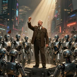 robot revolutionary speaking to a crowd of ((robots)) amid the backdrop of a cyberpunk city in the socialist realist style of lenin speaking to the red army by isaac brodsky