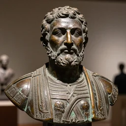 detailed photo of an old bronze patina statue of a khamzat chimaev bust, intricate detail, museum lighting