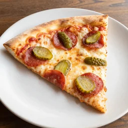 a slice of pizza with whole pickles instead of pepperoni